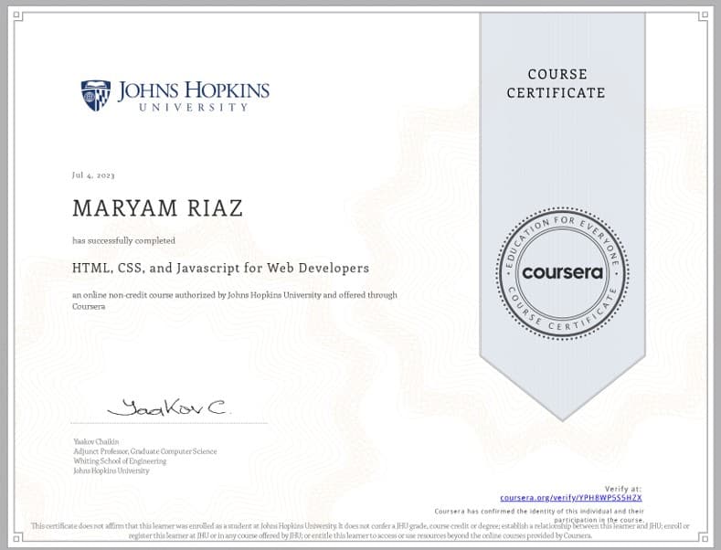 HTML, CSS and JavaScript Certificate